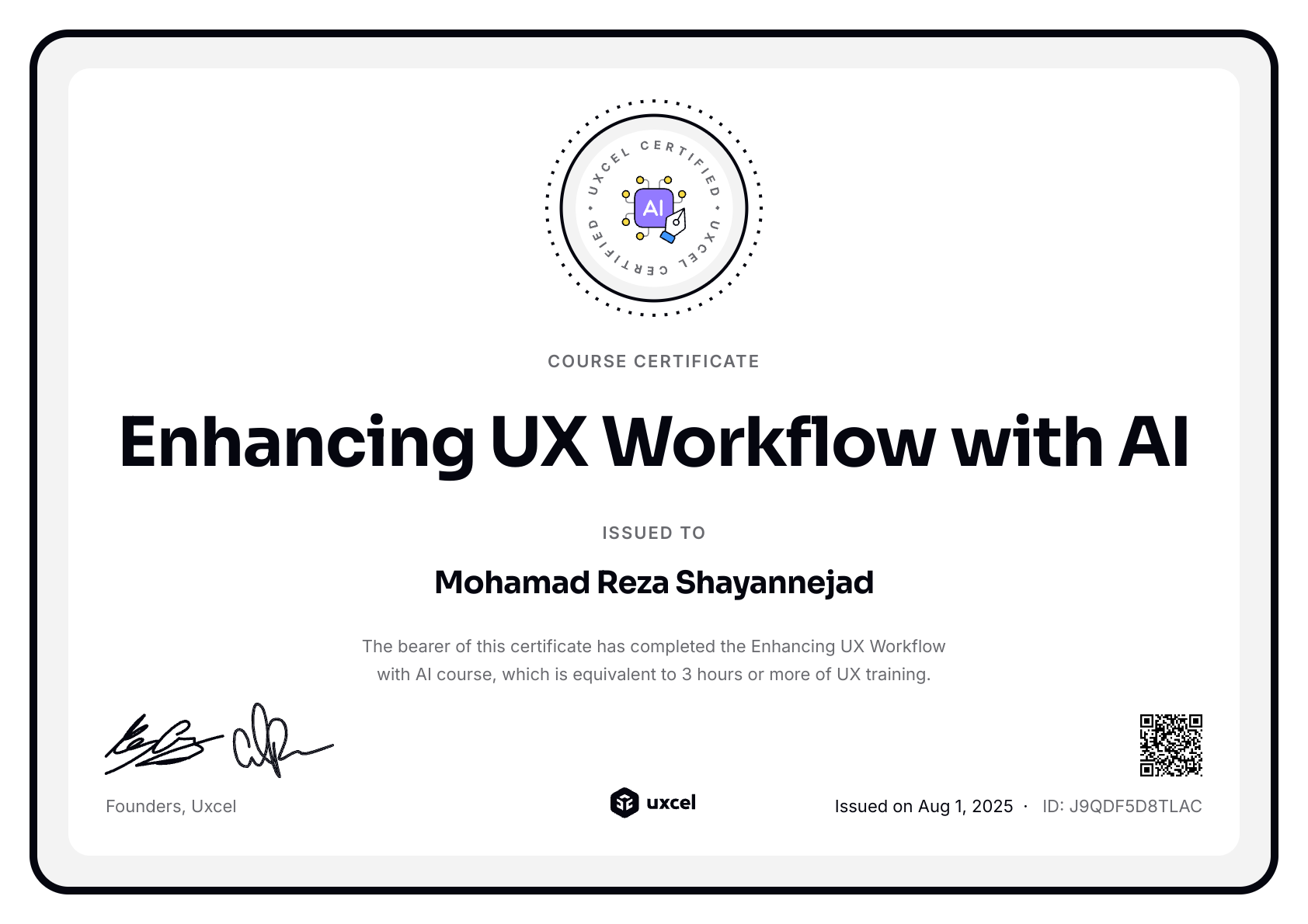 Mohamad Shayannejad's certificate